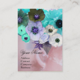 WHITE TEAL BLUE ROSES AND ANEMONE FLOWERS MONOGRAM BUSINESS CARD