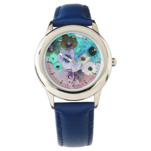 WHITE TEAL BLUE ROSESANEMONE FLOWERS MONOGRAM WATCH