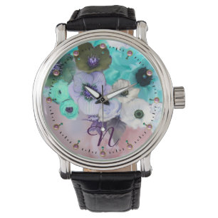 WHITE TEAL BLUE ROSES,ANEMONE FLOWERS MONOGRAM WATCH