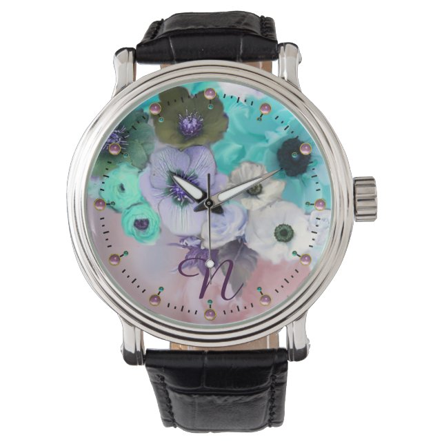 WHITE TEAL BLUE ROSES,ANEMONE FLOWERS MONOGRAM WATCH (Front)