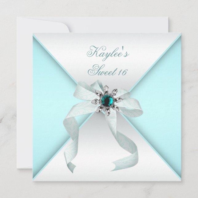 White Teal Blue Sweet 16 Party Invitation (Front)