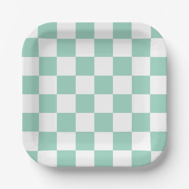 White & Teal Checkerboard Paper Plates (Front)