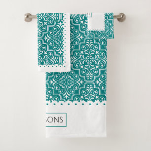 White teal damask pattern white scalloped borders bath towel set