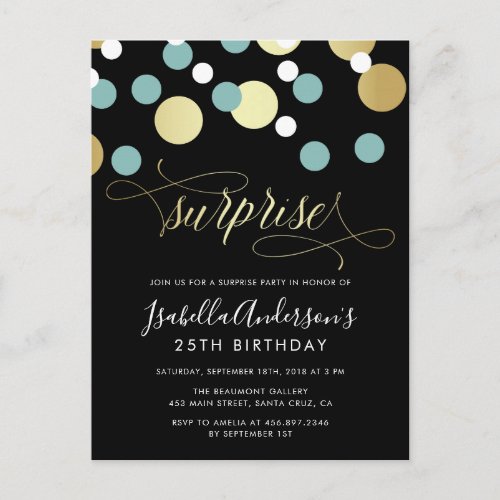 White Teal  Faux Gold Confetti Surprise Party Invitation Postcard