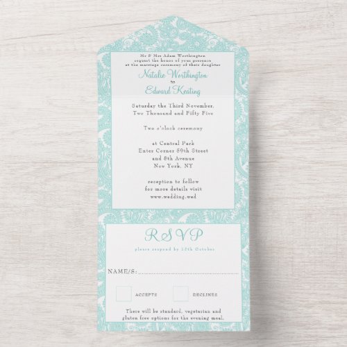 White Teal Filigree Paisley Henna Wedding RSVP All All In One Invitation