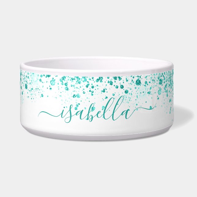 White teal glitter green name script bowl (Front)