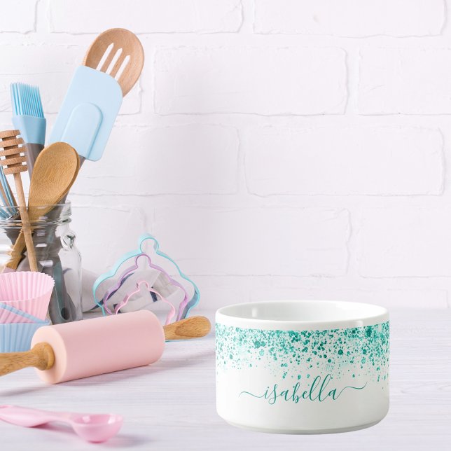 White teal glitter sea green name script bowl (Creator Uploaded)