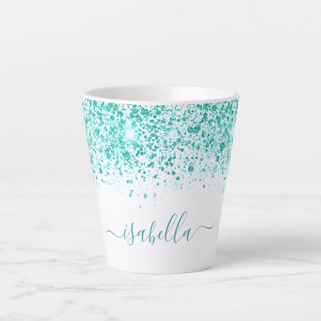 White teal glitter sea green name script latte mug (Front)