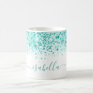 White teal glitter sea green turquoise name coffee mug