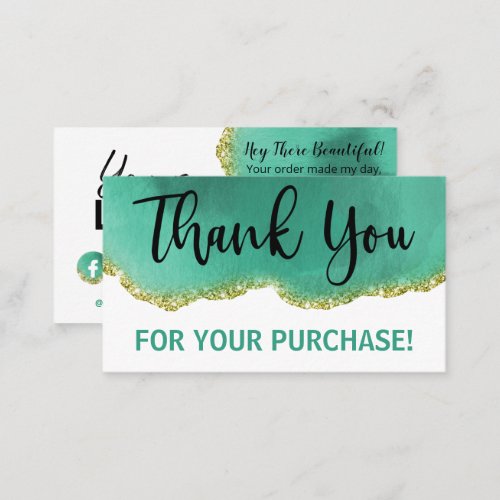 White Teal Gold Glitter Agate Thank You Purchase Business Card