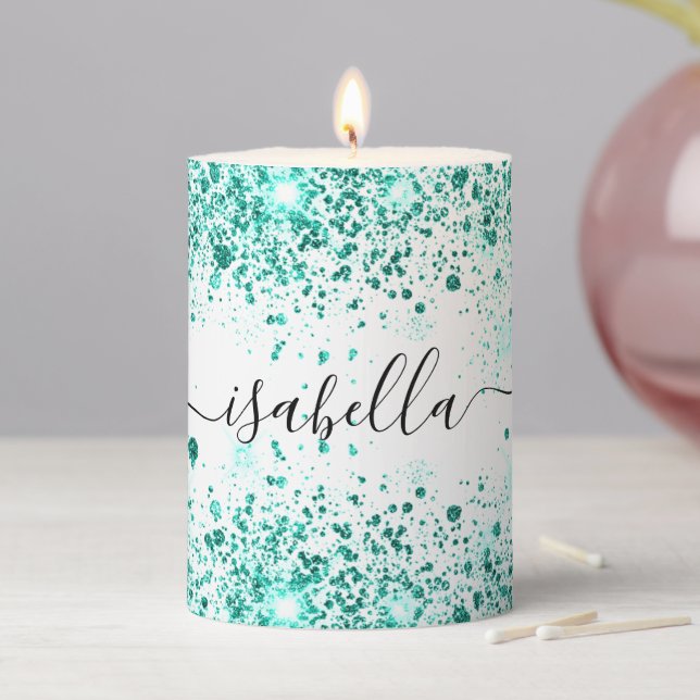 White teal green glitter dust name script elegant pillar candle (In Situ)