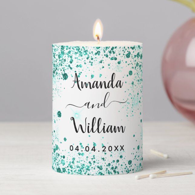 White teal green glitter dust names wedding pillar candle (In Situ)