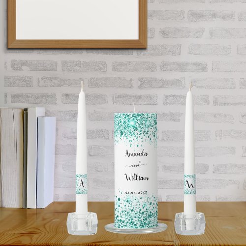 White teal green glitter dust names wedding unity candle set