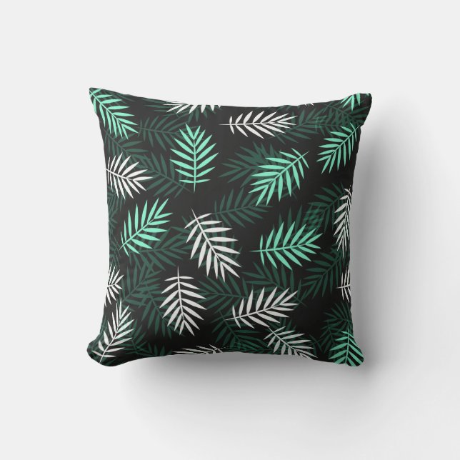 White Teal Green Leaves Modern Tropical  Outdoor Pillow (Front)