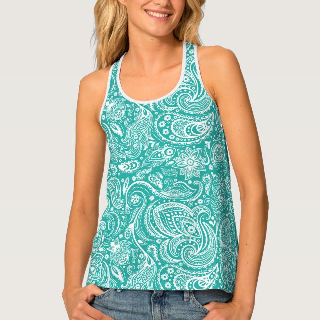 White & Teal-Green Paisley Seamless Pattern Tank Top (Front)