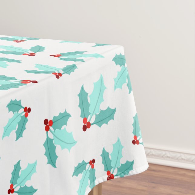 White Teal Holly Foliage Red Berries Christmas Tablecloth (In Situ)