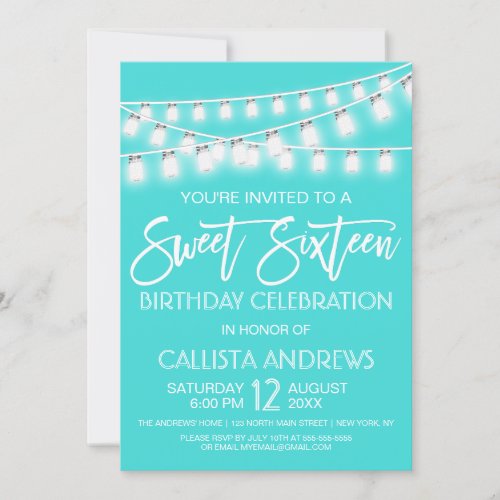 White Teal Mason Jar String Lights Sweet 16 Invitation