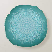 White & Teal Om Mandala Meditation Round Pillow