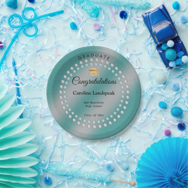 White & Teal Pearls Teal Blue Graduation Party Paper Plates (Party)
