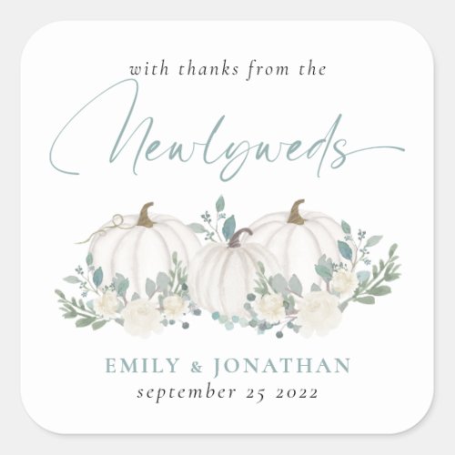 White Teal Pumpkins Florals Thanks from Newlyweds  Square Sticker