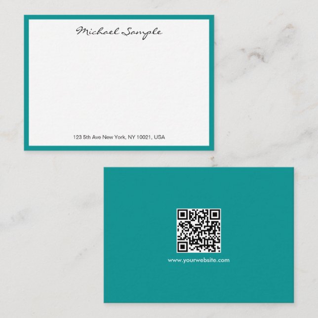 White & Teal QR Code Typography Script Name Note Card (Front/Back)