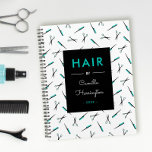 White Teal Scissors & Combs Pattern Hair Stylist Planner<br><div class="desc">Spiral planner or appointment book in black,  white,  and turquoise with a pattern of scissors and combs against a white background. Hair by,  and add your name and the year,  in turquoise and white.</div>
