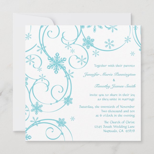 White teal snowflakes winter wedding invitation (Front)