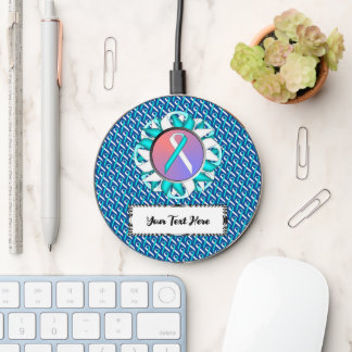 White-Teal Standard Ribbon by Kenneth Yoncich Wireless Charger