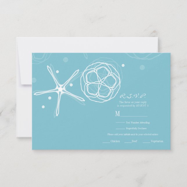 White & Teal Starfish Elegant Wedding RSVP Reply (Front)