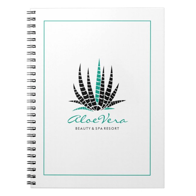 White & Teal Stylized Aloe Vera Illustration Notebook (Front)