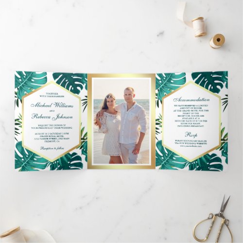 White Teal Tropical Palm Monstera Leaves Wedding Tri_Fold Invitation