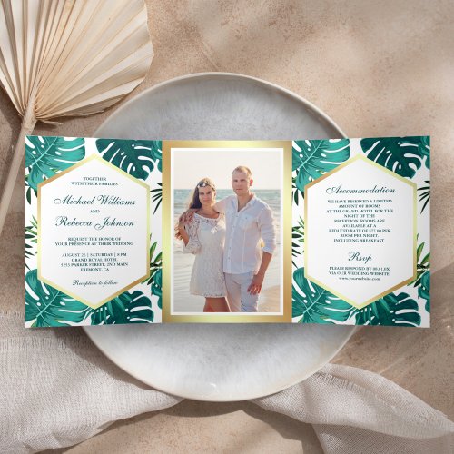 White Teal Tropical Palm Monstera Leaves Wedding Tri_Fold Invitation