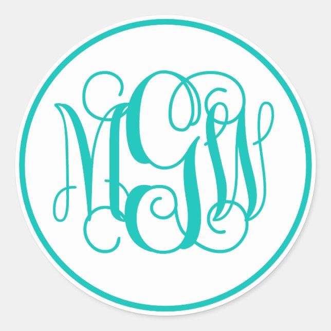 White Teal Vine Script Monogram, DIY BG Classic Round Sticker (Front)