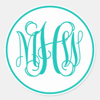 White Teal Vine Script Monogram, DIY BG Classic Round Sticker