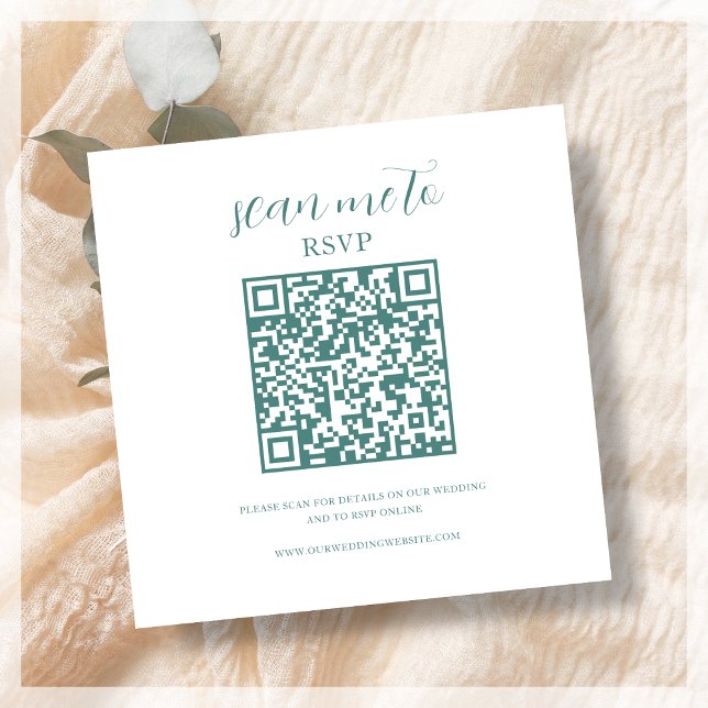 White & Teal | Wedding RSVP QR Code Enclosure Card (Creator Uploaded)