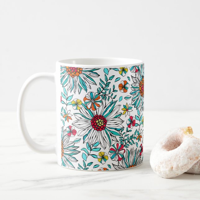 White Teal Yellow Orange Red Daisy Flowers Pattern Coffee Mug (With Donut)