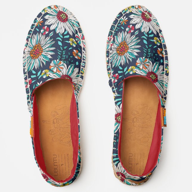 White Teal Yellow Orange Red Daisy Flowers Pattern Espadrilles (Front)