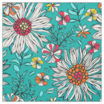 White Teal Yellow Orange Red Daisy Flowers Pattern Fabric