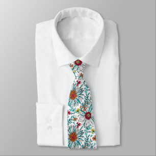 White Teal Yellow Orange Red Daisy Flowers Pattern Neck Tie