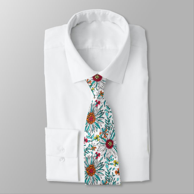 White Teal Yellow Orange Red Daisy Flowers Pattern Neck Tie (Tied)