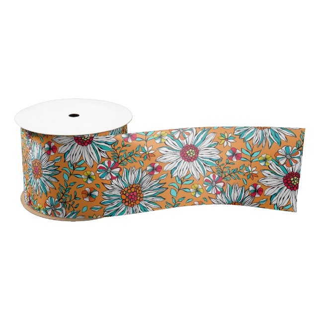 White Teal Yellow Orange Red Daisy Flowers Pattern Satin Ribbon (Spool)