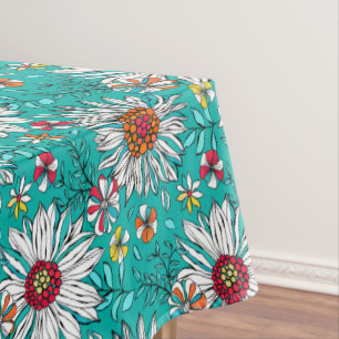 White Teal Yellow Orange Red Daisy Flowers Pattern Tablecloth