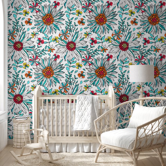 White Teal Yellow Orange Red Daisy Flowers Pattern Wallpaper (Kids)