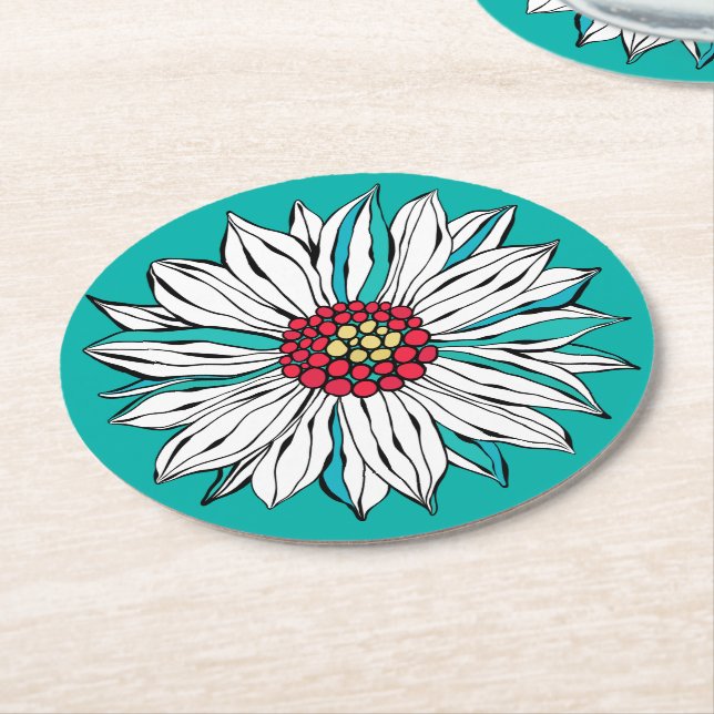 White Teal Yellow Red Daisy Flower Round Paper Coaster (Angled)