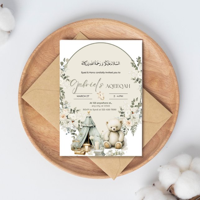 White Teddy Bear and Floral Aqiqah Invitation (Creator Uploaded)