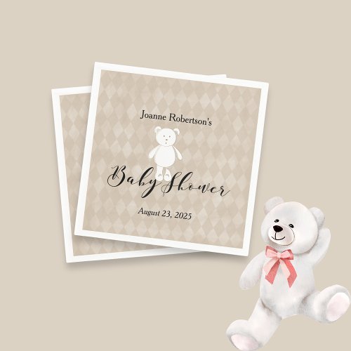 White Teddy Bear Baby Shower Modern  Tan Argyle Napkins