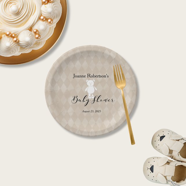White Teddy Bear Baby Shower | Tan Argyle Paper Plates (Creator Uploaded)