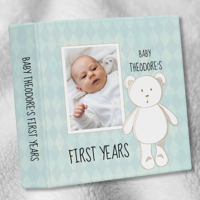White Teddy Bear Blue Diamond Baby Scrapbook Album 3 Ring Binder (Creator Uploaded)