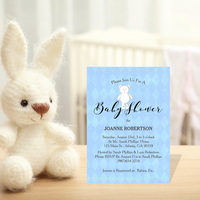White Teddy Bear Diamond Blue Baby Shower Invitation (Creator Uploaded)