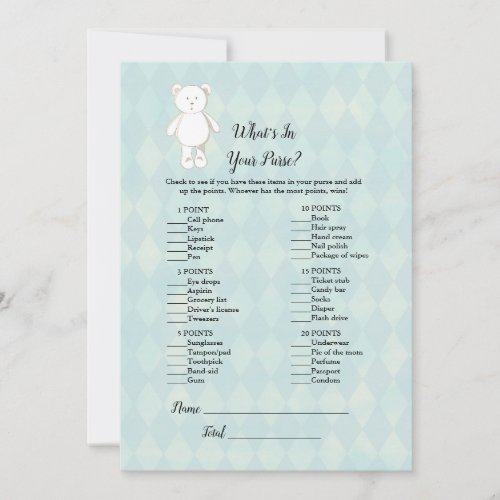 White Teddy Bear In Your Purse Baby Shower Game Invitation